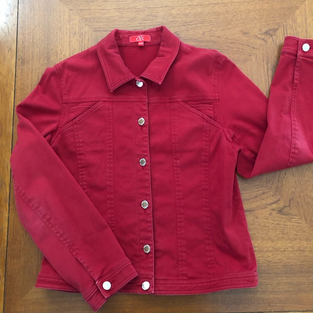 CYC Women's Crimson Red Denim Jacket - Classic Button Front